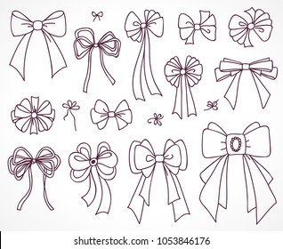 Set of bows for the design congratulatory cards, gifts, souvenirs. Drawing sketches.