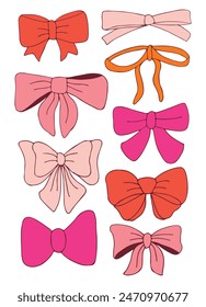 set of bows. design elements in the form of various bows. holidays, decorations, hairpins. sticker pack vector illustration.