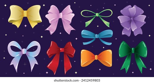 Conjunto de arcos de diferentes colores. Arrojar nudo para vestir, banda de cintura y ropa, cinta y dibujo de nudo de lazo satinado. Ilustración del vector