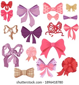 set of bows of different colors. holiday bows from colored ribbons vector illustration isolated on white background