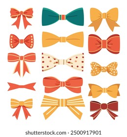 Set of bows of different shapes and colors in warm tones in flat vector style.