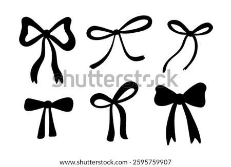 Set of bows in different styles. Black silhouette of a bow. Design of festive decor, cover, gift wrap and much more. Vector collection