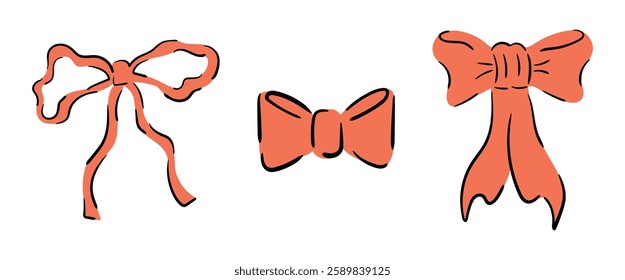 Set of bows in doodle style. Hand drawn bows of different types. Vector illustration isolated on white background