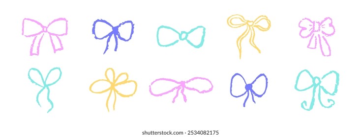 Set of bows drawn with pastel or charcoal pencil. Colorful chalk bow gift ribbon line simple element on white chalkboard background. Like kids drawn bows drawing collection. Vector illustration