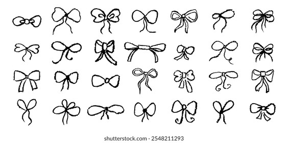 Set of bows drawn with pastel or charcoal pencil. Black chalk bow gift ribbon line simple element on white chalkboard background. Like kids drawn bows drawing collection. Vector illustration