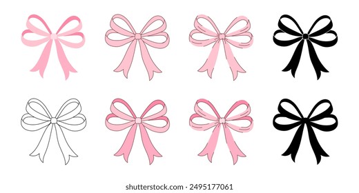 A set bows, each with a different color, are displayed in a row. The bows are all pink and black, with the pink bows being the more prominent color