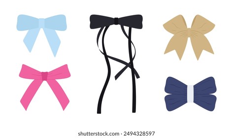 Set of bows, elegant ribbons and ties isolated. Trendy various ribbon bow collection in different colors. Wedding celebration and birthday party decorations in cartoon style. Flat vector illustration 