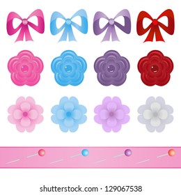set of bows, flowers and pins for scrapbook