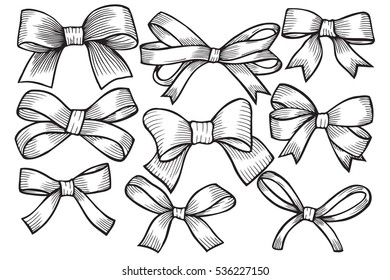 Set of bows, hand drawn vector illustration isolated on white