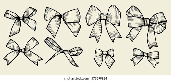 Set of bows, hand drawn Vector illustration isolated on beige