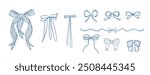 Set of bows on white background. Outline vector with ribbons and ties. Trendy design. Hand drawn.