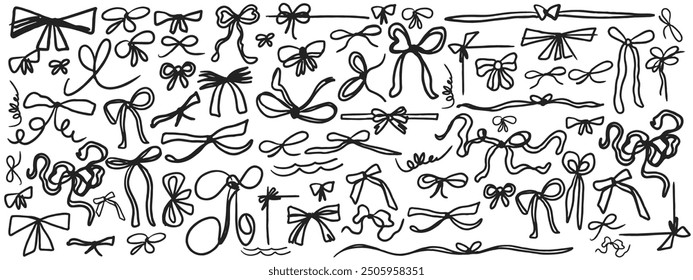 Set of bows on white background. Outline vector with ribbons and ties. Trendy design. Hand drawn.