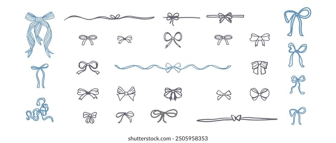 Set of bows on white background. Outline vector with ribbons and ties. Trendy design. Hand drawn.