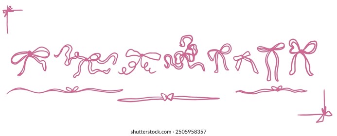 Set of bows on white background. Outline vector with ribbons and ties. Trendy design. Hand drawn.