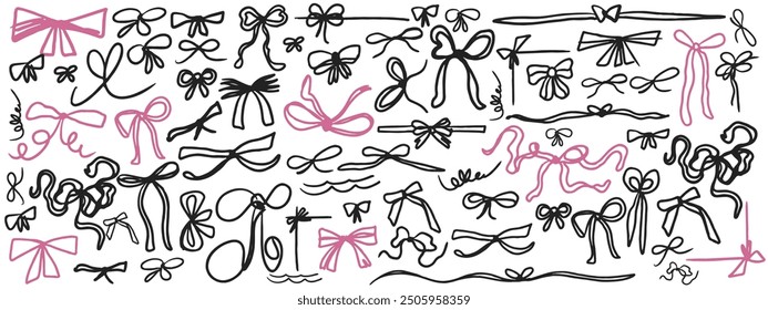 Set of bows on white background. Outline vector with ribbons and ties. Trendy design. Hand drawn.