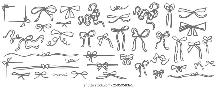 Set of bows on white background. Outline vector with ribbons and ties. Trendy design. Hand drawn.