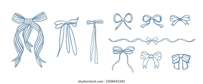 Set of bows on white background. Outline vector with ribbons and ties. Trendy design. Hand drawn.