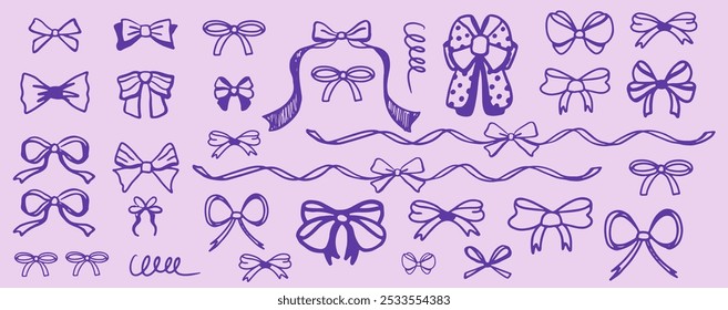 Set of bows on white background. Outline vector with ribbons and ties.