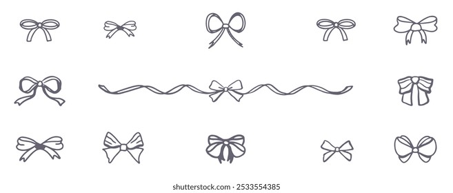 Set of bows on white background. Outline vector with ribbons and ties.