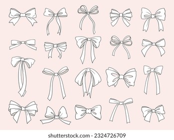 Set of bows. Outline icons with elegant ribbons and ties. Stickers with symbol wedding celebration and birthday party decorations in hand drawn style. Cartoon flat vector isolated on white background