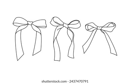 Juego de arcos. Iconos de contorno con elegantes cintas y corbatas. Pegatinas de fiesta de boda y decoraciones de cumpleaños en estilo hecho a mano. Vector plano de la historieta aislado sobre fondo blanco