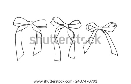 Set of bows. Outline icons with elegant ribbons and ties. Wedding Party Stickers and Birthday Party Decorations in Handmade Style. Cartoon flat vector isolated on white background