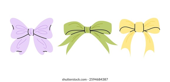 Set bows in pastel colours. Decorative bows for cards, covers, posters, stickers, holiday. Collection trendy bows. Easter Cute Ribbons.