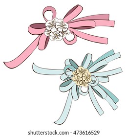 Set of bows, pink bow and blue bow with white flowers. Painted decorative element, hand-drawing, cartoon detail, nice addition to the image. Vector illustration