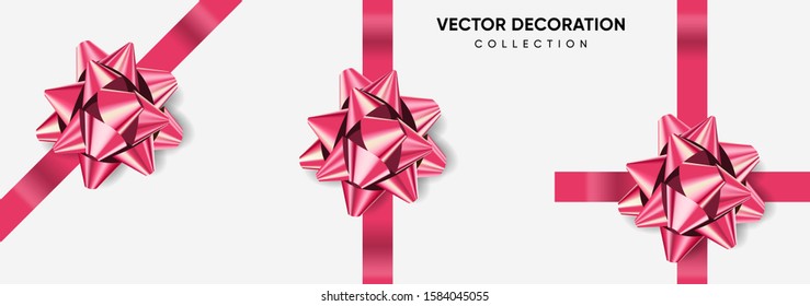 Set of bows pink color metallic with shadow on isolated white background. Realistic vector decoration for holiday