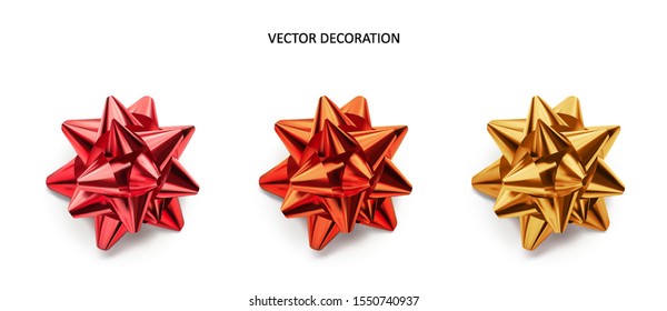 Set of bows pink, red and gold color metallic with shadow on isolated white background. Realistic vector decoration for holiday