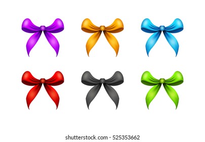 Set of bows (pink, yellow, blue, red, black and green) isolated on white background. Graphical decorative design elements. Vector illustration. 