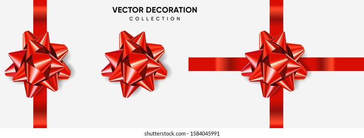 Set of bows red color metallic with shadow on isolated white background. Realistic vector decoration for holiday