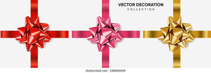 Set of bows red, pink and gold color metallic with shadow on isolated white background. Realistic vector decoration for holiday