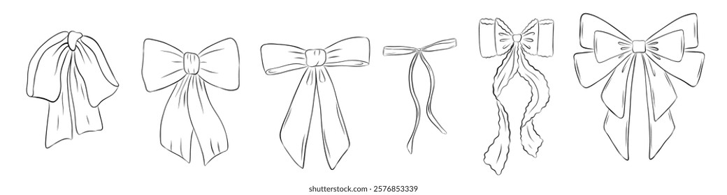 Set of bows in retro style. Doodle outline bow. Design elegant elements