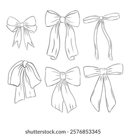 Set of bows in retro style. Doodle outline bow. Design elegant elements
