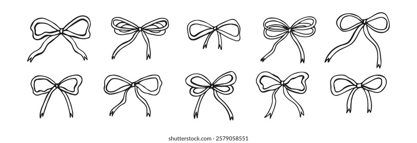 Set of bows ribbon drawn by hand isolated on white background. Doodle hand drawn cute bows. Ribbon bows outline illustration.