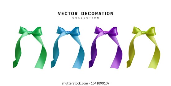 Set of bows with ribbon green, blue lilac. Realistic isolated on white background.