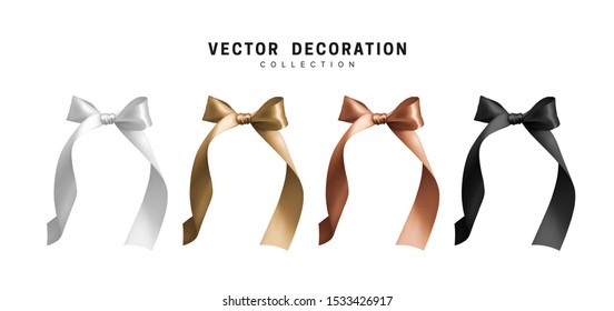 Set of bows with ribbon, white beige, brown and black. Realistic isolated on white background.