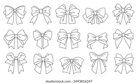 Conjunto de lazos y cintas. Arco para el envoltorio del regalo para el cumpleaños, boda, Navidades, año Nuevo. Ilustración vectorial aislada sobre fondo blanco