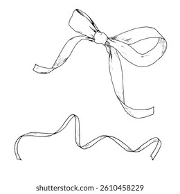 A set of bows and ribbons with curly curls for holidays and gifts. Black and white vector illustration. Hand-drawn ink bow sketch in a simple style for birthday, wedding or Christmas celebrations.