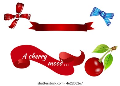 A set of bows and ribbons for decoration gift with cherry. Vector illustration.