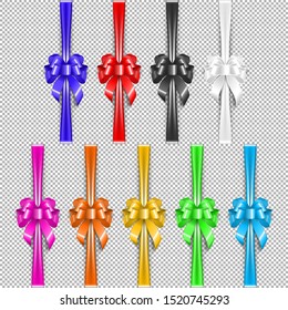 Set of bows with ribbons different color. Elegant design element for event decoration. Isolated on transparent background. Vector illustration.