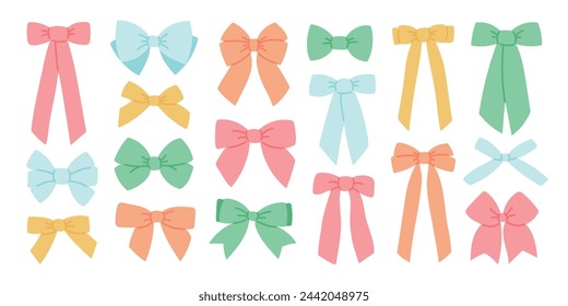 Set of bows and ribbons element vector. Hand drawn decorative bow in cartoon style. Collection of pastel colorful bow illustration design for wrapping, clipart, sticker, gift and present decor, party.