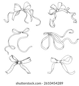 A set of bows and ribbons for holidays and gifts. Black and white vector illustration. Hand-drawn ink bow sketch in a simple style for birthday, wedding or Christmas celebrations.