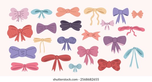set of bows, ribbons knot and tied lace for packaging design decoration vector illustration. set of bows