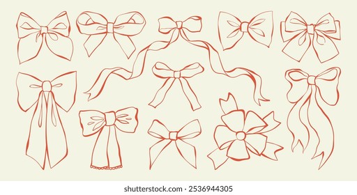 Set of bows and ribbons. Outline decorative sketches holiday bows for gift wrapping, or hair decor. Line art hand-drawn vector illustration for Christmas, Valentine Day, birthday cards, invitations.