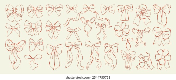 Set of bows and ribbons. Outline decorative sketches holiday bows for gifts, surprise, or hair decor. Line art hand-drawn vector illustration for Christmas, Valentine Day, birthday cards, invitations.