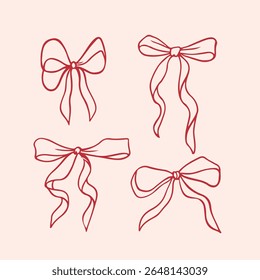 Set of bows and ribbons in red color. Outline decorative sketches holiday bows for gifts, surprise, or hair decor. Line art hand-drawn vector illustration for Christmas, Valentine Day, birthday cards