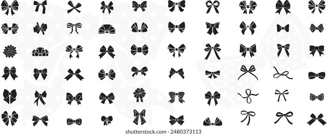 Set of bows. Silhouette icons with elegant ribbons and ties. Wedding Party Stickers and Birthday Party Decorations in Handmade Style. Bow Tie icon collection. cartoon bow knots, Trendy hair braiding