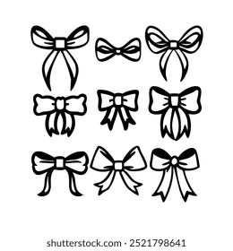 Set of bows. Silhouette icons with elegant ribbons and ties. Wedding Party Stickers and Birthday Party Decorations in Handmade Style. Cartoon flat vector isolated on white background